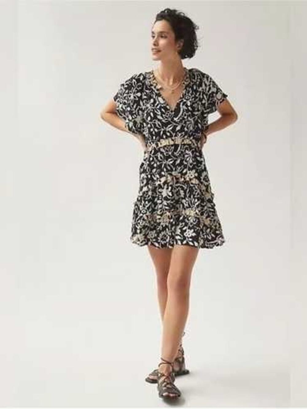 By Anthropologie Black Floral Flutter Sleeve Mini Dress V Neck